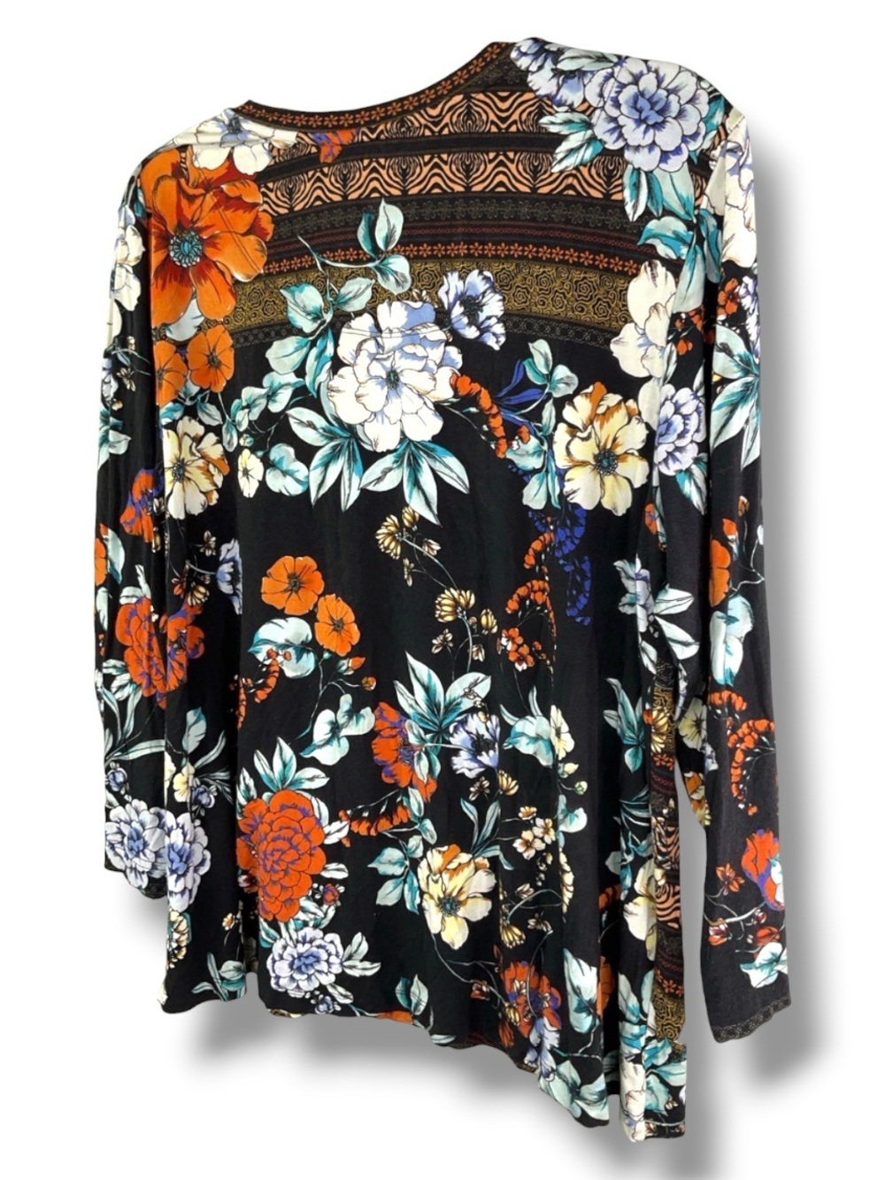 Johnny Was Black Floral V-Neck Blouse with Teal and Orange Accents - Picture 4 of 14